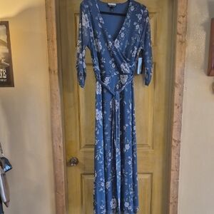 Allison Brittney Long Sleeve Wrap Style Belted V Neck Maxi Dress Mesh Overlay L